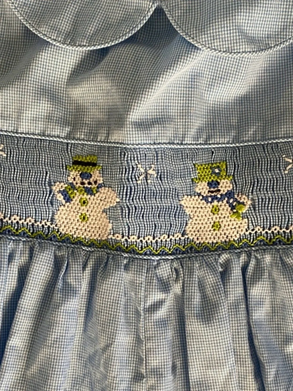 Vintage Amanda Remembered Blue Smocked Gingham Romper Embroidered Snowman Xmas